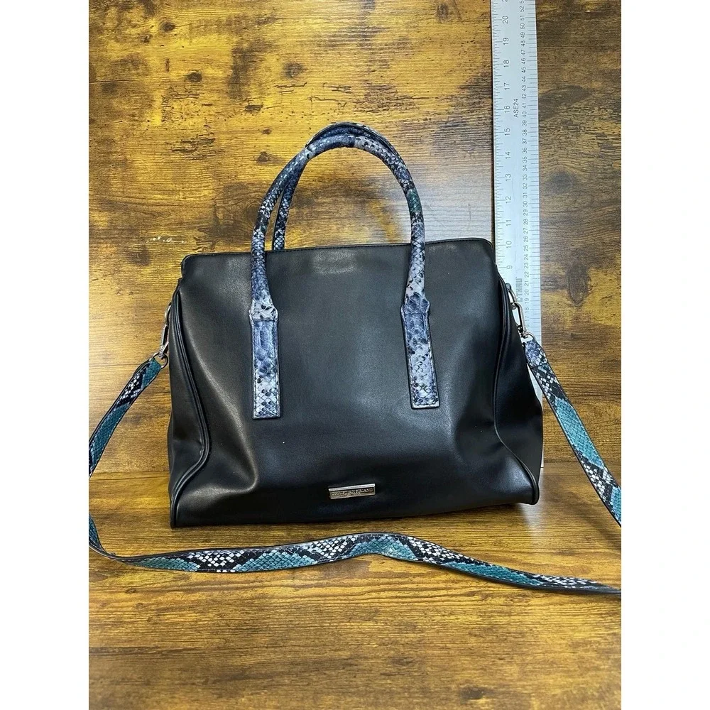 Christian Siriano‎ New York Black Faux Leather Satchel Tote Blue Python B1